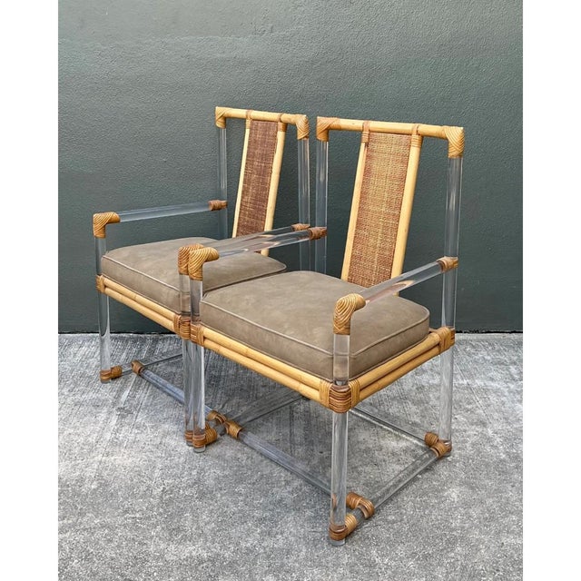 Vintage Four Seasons Lucite and Rattan Armchairs - Pair For Sale - Image 4 of 12