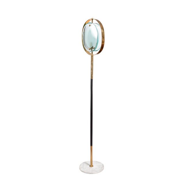 Brass and Black Lacquered Metal Frame Floor Lamp with Marble Base and Glass in the style of Fontana Arte, 1960s, in Very...