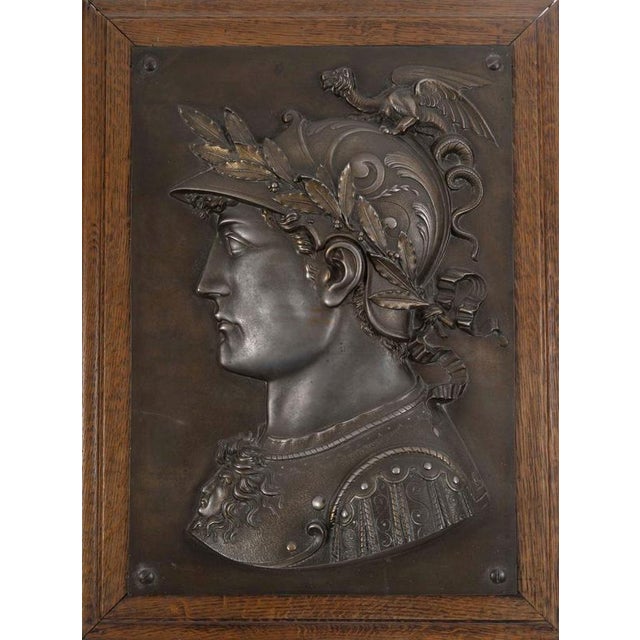 Patinated Metal Bas-Reliefs on Wooden Display Stand, 1800s, Set of 2 For Sale - Image 3 of 11