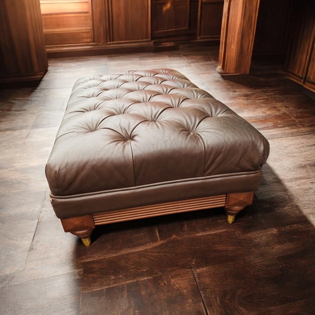 Ethan Allen Vintage Ethan Allen English Chesterfield Leather Ottoman For Sale - Image 4 of 11