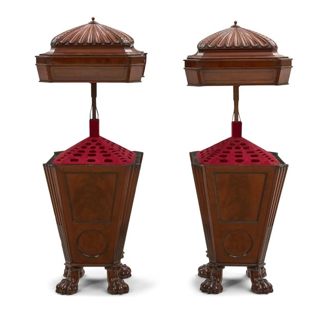 Pair of William IV Mahogany and Ebony Inlaid Cutlery Urns, England, c. 1835, domed square lid fluted and carved with leaf...
