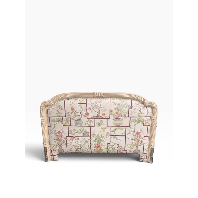 Cream Vintage King-Size Chinoiserie Silk Upholstered Headboard With Carved Frame For Sale - Image 8 of 16