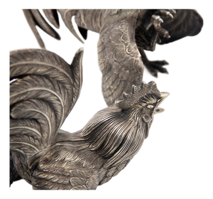 Embossed Silver Fighting Cocks, Set of 2