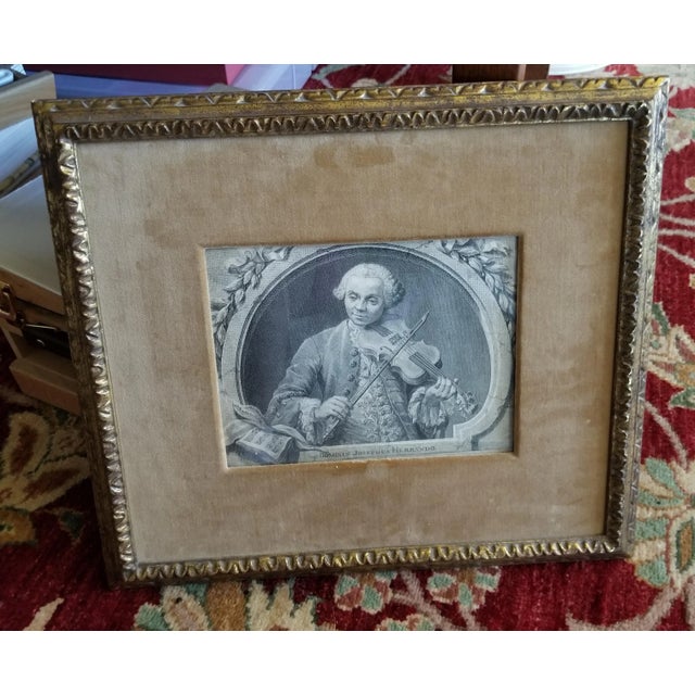 Antique engraving that has been cropped and has a vintage giltwood frame and a vintage velvet above glass mat. Dominus...