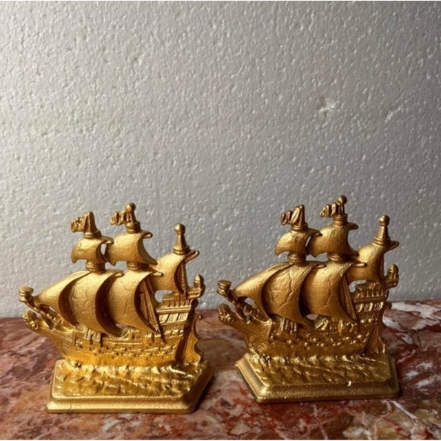Nautical Antique Bronze Gilded Bookend Sailing Boat 1803 Galleon Time of Elizabeth Stamp For Sale - Image 3 of 10