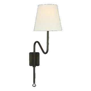 Amber Lewis for Visual Comfort Signature Griffin Articulating Sconce in Bronze and Chocolate Leather with Linen Shade For Sale