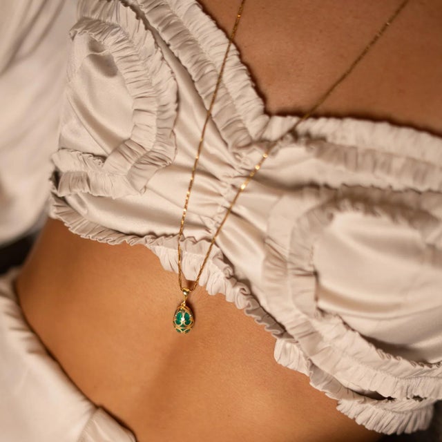 Contemporary Lucky Clover Green Enamel Egg Gold Necklace For Sale - Image 3 of 11