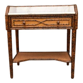 French Faux Bamboo Rattan Side Table With Marble Top For Sale