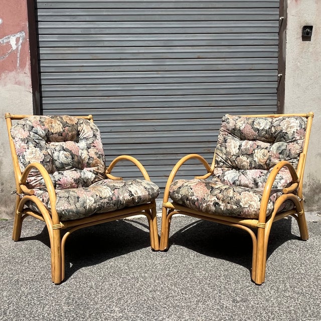 Green Large Vintage Italian Bamboo Armchairs with Floral Cushions, 1970s, Set of 2 For Sale - Image 8 of 8