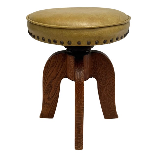 Arts and Crafts Mustard Yellow Nailhead Swivel Solid Wood Stool For Sale