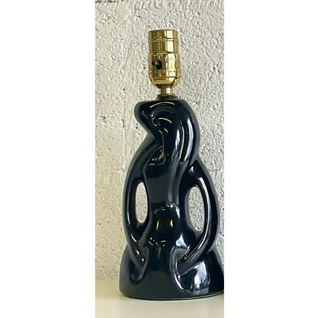 Black Midcentury Abstract Black Glazed Ceramic Boudoir Lamps - a Pair For Sale - Image 8 of 12
