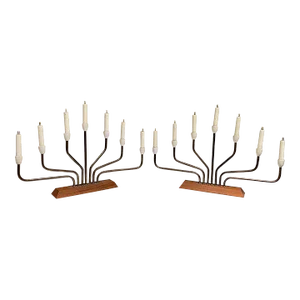 1960s European Menorah Sculptural Table Lamp Set Teak & Brass