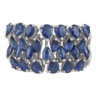 3.4 Ct Certified Natural Blue Sapphire Three Row Mosaic Cluster Ring, Size 7 For Sale
