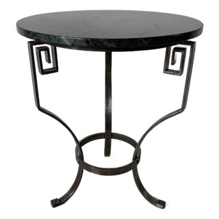 Vintage Art Deco Style Hand-Wrought Iron & Green Marble Side Table With Greek Key Motifs For Sale