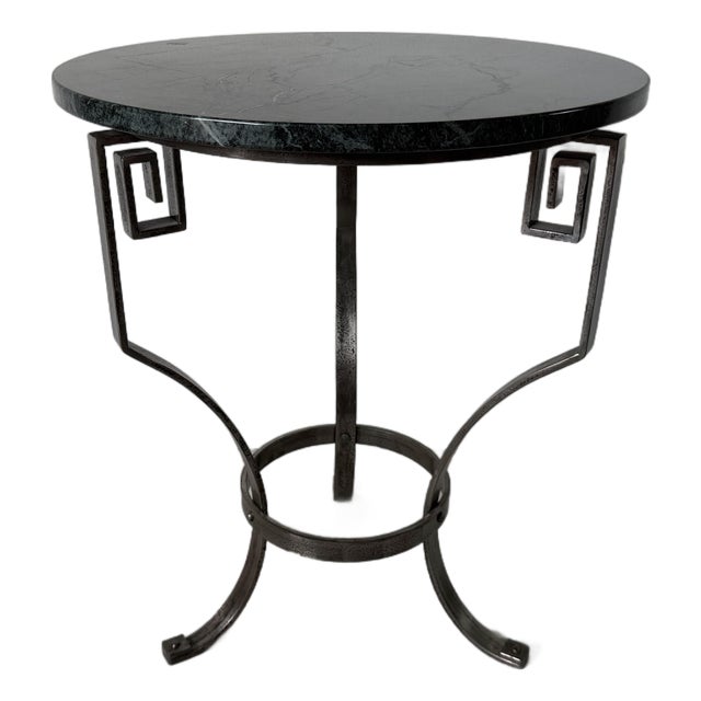 Vintage Art Deco Style Hand-Wrought Iron & Green Marble Side Table With Greek Key Motifs For Sale