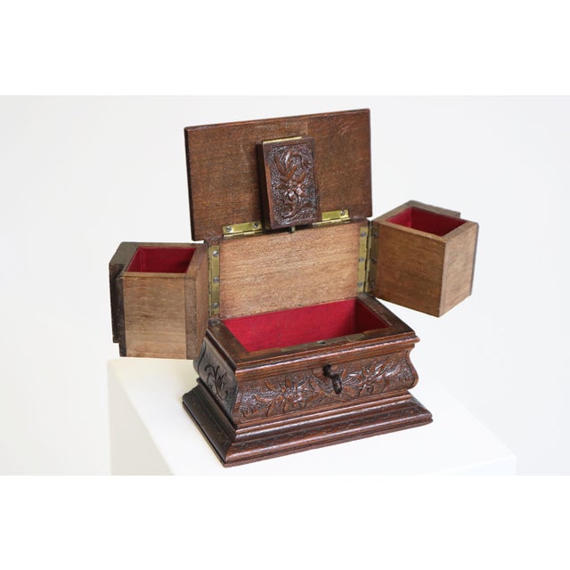 Antique Black Forest Jewelry Box in Carved Fruitwood and Red Velvet Chest, 1890 For Sale - Image 4 of 11