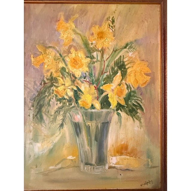 Early 20th Century Vintage Daffodil Oil Painting on Grumbacher Ny Canvas, Original Mid Century Floral in Gold Frame, Impressionist Flower Art. Signed Mahaffey For Sale - Image 5 of 15