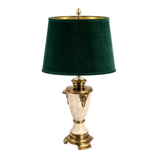 Vintage Hollywood Regency Ivory Ceramic and Gold Urn Lamp With Emerald Velvet Shade For Sale