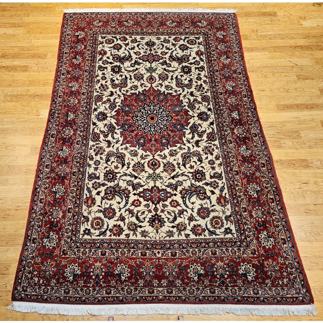 Vintage Persian Isfahan Rug, Hand-Knotted Wool, Floral Pattern, Ivory & Red, 7x11 For Sale - Image 11 of 18