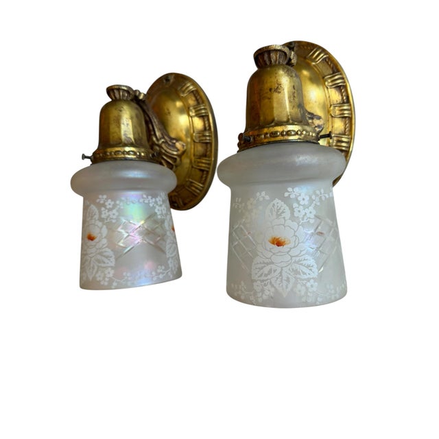 1920s 1920s Victorian Wheel Cut Etched Flower Wall Sconces on Original Brass Holders - Pair For Sale - Image 5 of 7