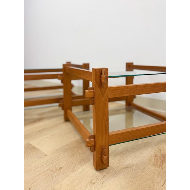 Brown Pair of Vintage Teak Mortise and Tenon Side Tables, Glass Top and Base For Sale - Image 8 of 10