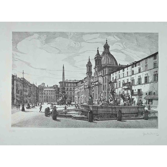 Giuseppe Malandrino, View of Piazza Navona, Original Etching, 1970s For Sale