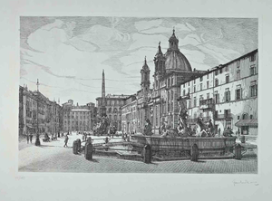 Giuseppe Malandrino, View of Piazza Navona, Original Etching, 1970s