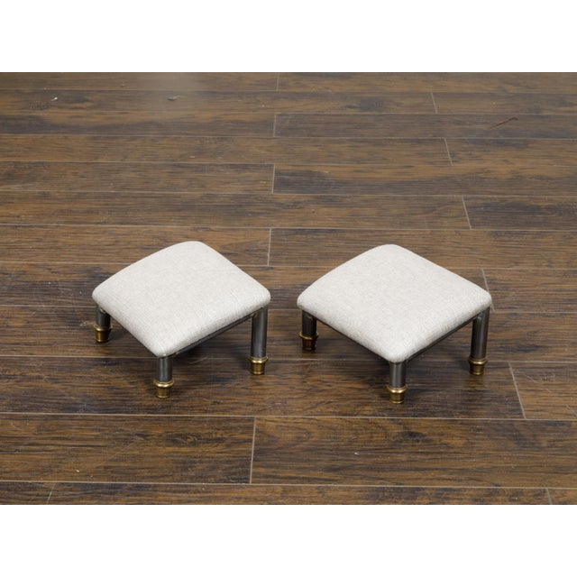 Brass Pair of Vintage French Steel and Brass Footstools with Custom Linen Upholstery For Sale - Image 8 of 11