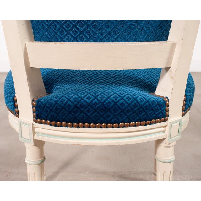 Set of Eight Louis XVI Style Painted Dining Chairs in Blue Velvet For Sale - Image 11 of 18