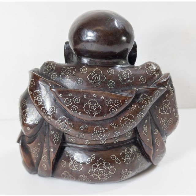 Early 20th Century Early 20th Century Chinese Carved Hardwood Buddha Budai Figure With Silver Wire Inlay For Sale - Image 5 of 12