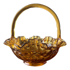 Vintage Fenton Amber Thumbprint Pattern Glass Basket Vase