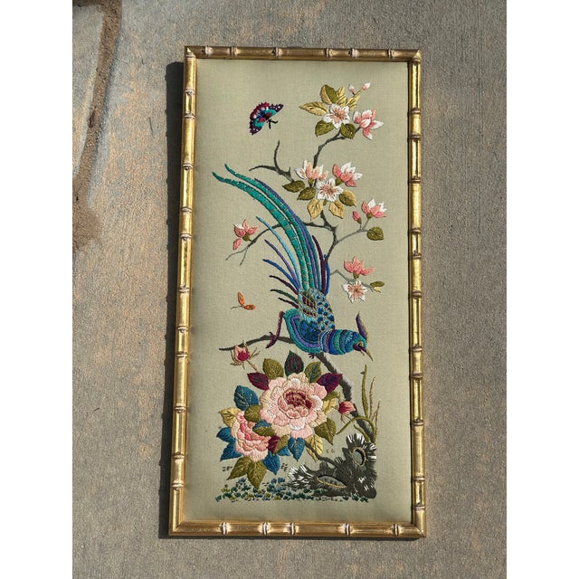Cream Vintage Chinoiserie Embroidered Silk Panel in Faux Bamboo Frame For Sale - Image 8 of 12
