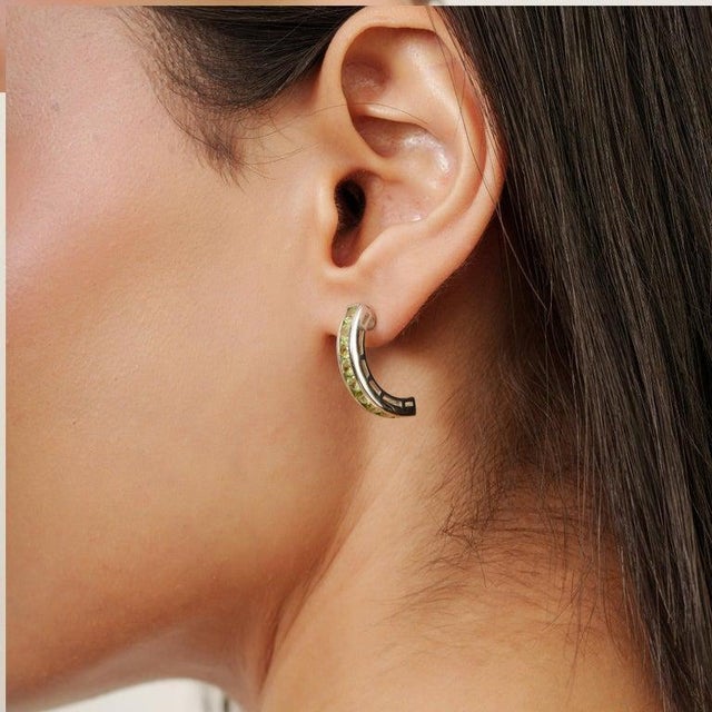 Green Silver August Birthstone Peridot Half Hoop Earrings for Her, A Pair For Sale - Image 8 of 11