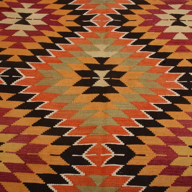 Transitional Vintage Mid-Century Mut Geometric Green Orange Wool Kilim Rug- 5′9″ × 10′ For Sale - Image 3 of 6