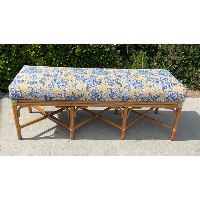 Beautiful bench by luxury furniture maker McGuire of San Francisco. This vintage gem features light tan toned rawhide...