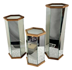 1970s Trio of Hollywood Regency-Style Hexagonal Mirrored Art Pedestals With Oak Wood Trim.