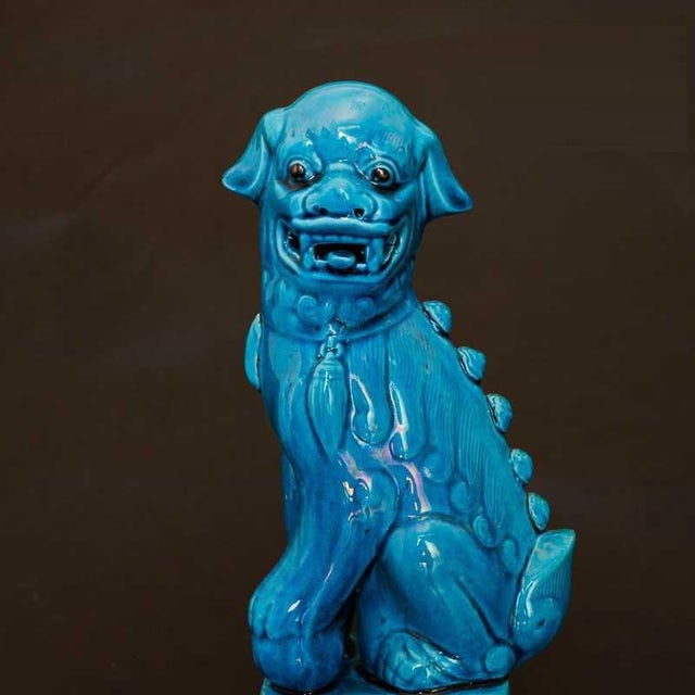 Pair of Vintage Peacock Blue Glazed Guardian Lions – 12.6" Foo Dogs on Pedestals For Sale In Los Angeles - Image 6 of 6