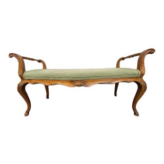 1950s Vintage French Upholstered Carved Bench For Sale