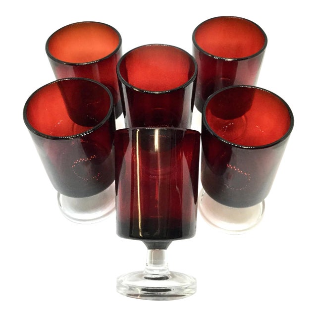1950s Mid-Century Modern Ruby Red Aperitif Cordial Shot Glasses - Set of 6 For Sale