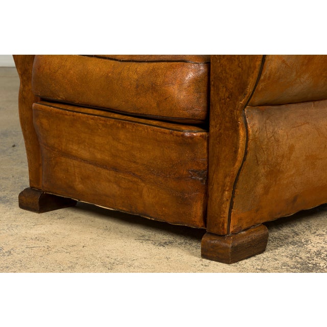 Wood 1920s French Art Deco Scalloped Back Cognac Leather Club Chairs – A Pair For Sale - Image 7 of 18