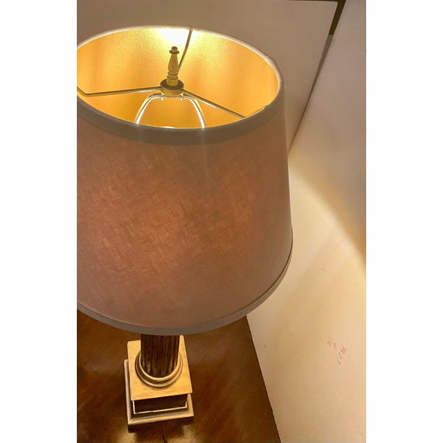 Hand Carved Fluted Column with Ionic Capital Accent Lamp and Restoration Hardware Linen Shade with Gold lining. Truly...
