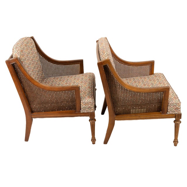 1960s 1960s Hollywood Regency French Style Caned Bergere Chairs With Flamestitch Fabric - A Pair For Sale - Image 5 of 10