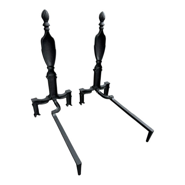 Pair of 1920s Neoclassical Cast Iron Fireplace Andirons With Urn Finials For Sale - Image 4 of 17