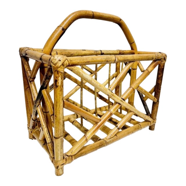 Vintage Scorched and Bent Rattan Magazine Holder For Sale