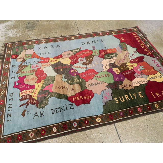 Sky Blue Galerie Shabab Collection Mid-20th Century Turkish Map Rug For Sale - Image 8 of 11