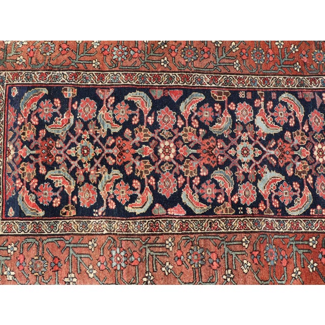 Antique Persian Gallery Malayer Runner in Blue Background With Multi Colors 3'6 X 12'7 For Sale - Image 9 of 12