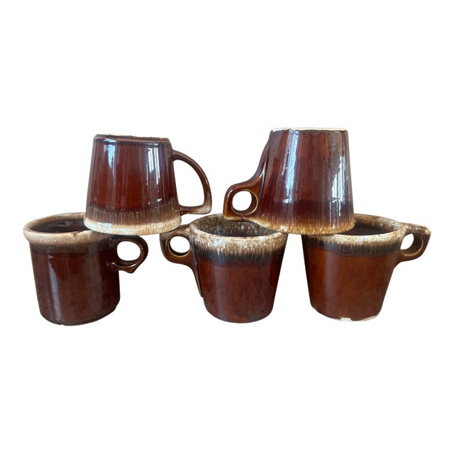 Vintage Brown Drip-Glaze Stoneware Coffee Mugs – Set of 5 For Sale