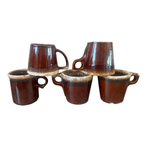 Vintage Brown Drip-Glaze Stoneware Coffee Mugs – Set of 5
