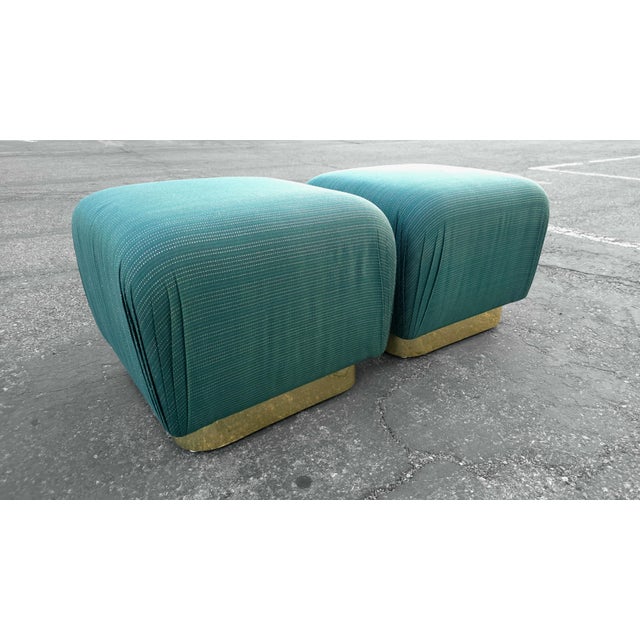 Postmodern Pair of 1980s Brass Base Souffle Ottomans Poufs For Sale - Image 3 of 6