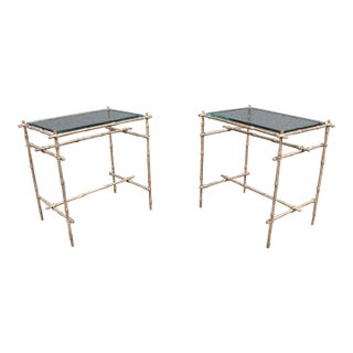 Hollywood Regency Gilded Faux Bamboo Iron Side Tables/Pair For Sale